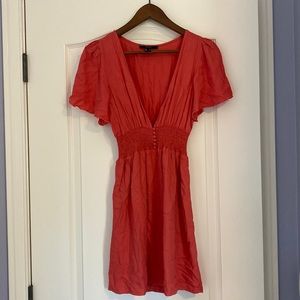 NWOT Coral Button Smocked Deep V Mini Dress